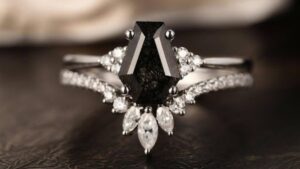 White Coffin Black Rutilated Quartz Engagement Ring