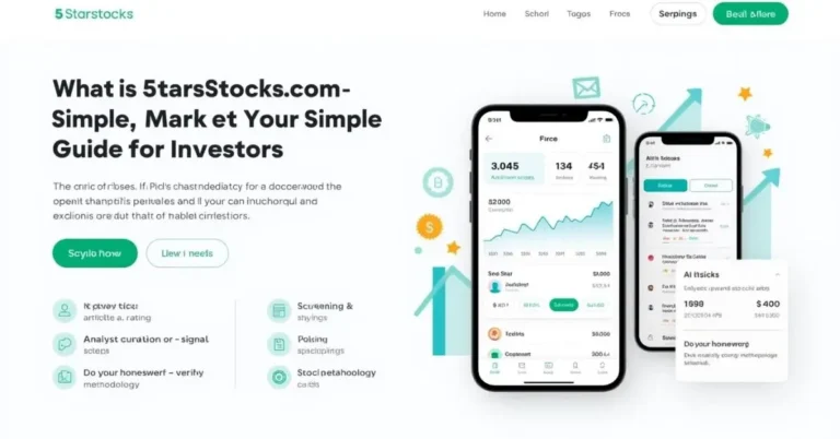 A clean and engaging web graphic introduces "5starsstocks.com," promoting a simple guide for investors with app screen mockups displaying financial data and features like analyst curation, making stock market navigation accessible and appealing.