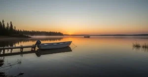 A breathtaking sunset casts a golden glow over a tranquil lake, where a small boat is peacefully moored to a dock, embodying the serene beauty of a perfect veneajelu (boating) escape.