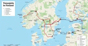 A detailed map titled "Veneajelu in Finland" showcases diverse boating routes and interconnected waterways across the country, inviting exploration of its vast and beautiful archipelagos and inland lakes.