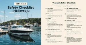 A comprehensive "Veneajelu Safety Checklist" infographic, featuring a picturesque marina scene on the left, outlines essential guidelines for safe boating, making veneajelu (boating) adventures secure and enjoyable.