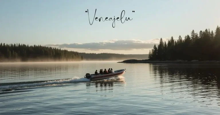 A picturesque lake at dawn or dusk, with a motorboat carrying passengers gracefully gliding across the water, perfectly embodying the tranquil joy of veneajelu (boating) amidst a misty, forested landscape.