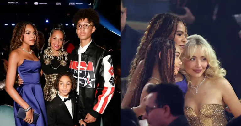 A vibrant diptych captures candid family moments, with one side featuring a young woman in a stunning blue gown, believed to be Blue Ivy, at a high-profile event. The other side shows various attendees, including a woman in a dazzling gold top, adding to the allure of the occasion